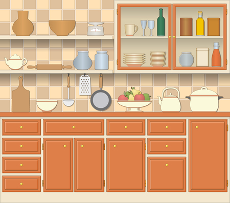 Kitchen interior and cooking utensils in retro style. Furniture, cupboard, bowl of fruit. Vector illustration.のイラスト素材