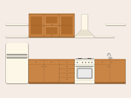 Kitchen interior. Furniture, refrigerator, gas stove, sink, cooker hood, cabinets and shelves on light background. Vector illustration.のイラスト素材