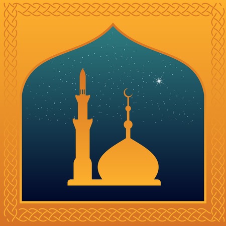 Mosque in the night sky, framed by an Islamic ornament. Vector illustration.のイラスト素材