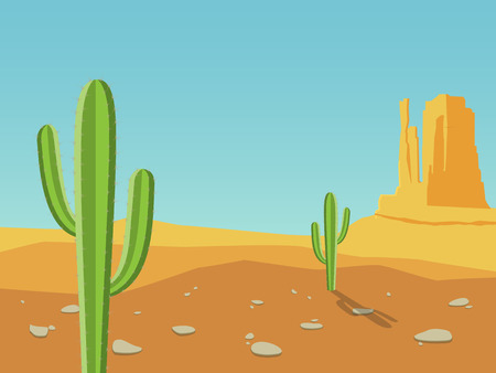 Desert landscape with mountains and cactus. Cartoon vector illustration.のイラスト素材