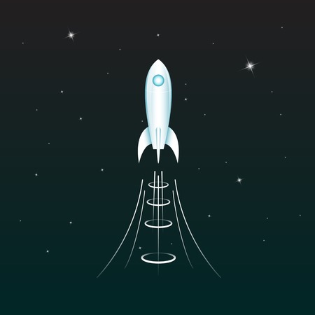 Cartoon rocket flies into space on the background of stars. Vector illustration.のイラスト素材