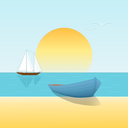 Seascape, beach, boat, sailboat at sunset. Vector illustration.のイラスト素材