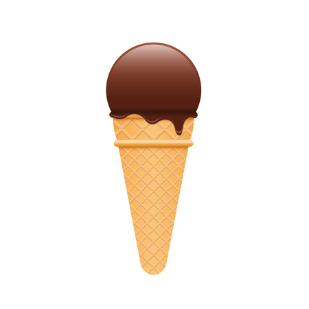 Chocolate ice cream in a waffle cone. Vector illustration, detailed, isolated on white background.のイラスト素材