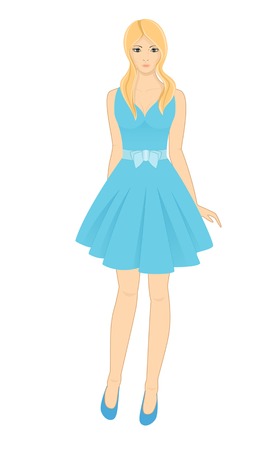 Beautiful woman in a blue dress and blue shoes. Isolated vector illustration on white background.のイラスト素材