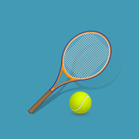 Realistic tennis racket and ball on blue background with shadow. Vector illustration.のイラスト素材