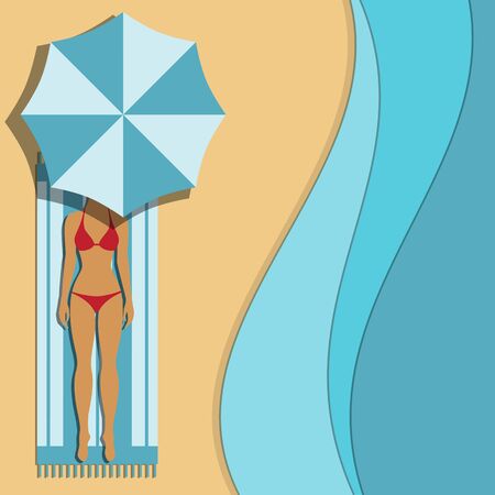 Tanned woman under an umbrella lies on beach. Vector illustration for banner design.のイラスト素材