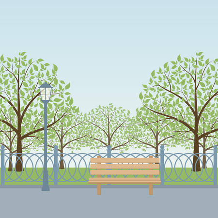 City park with bench, trees and lamp post. Vector illustration.のイラスト素材