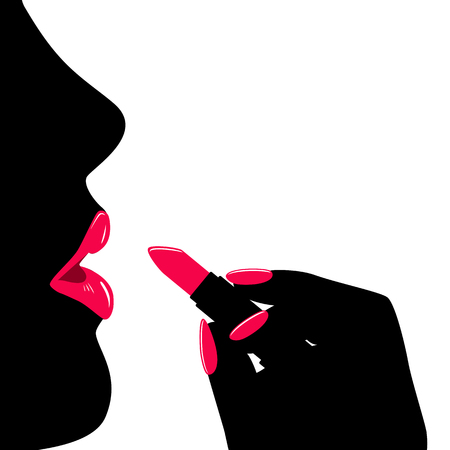 Silhouette beautiful woman paints her lips with red lipstick. vector illustrationのイラスト素材