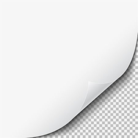 White clean sheet of paper swirling corner with shadow on transparent background. Vector illustration.のイラスト素材