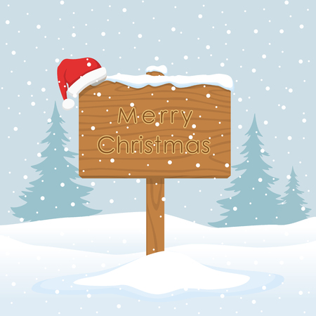 Wooden sign with inscription of Merry Christmas on background of winter snowy landscape. Vector illustration.のイラスト素材