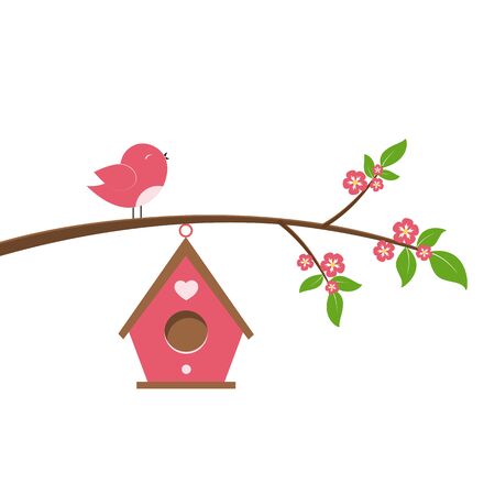 Cute cartoon bird on branch. Spring scene with flowers, trees and a birdhouse. Vector illustration on white background.のイラスト素材