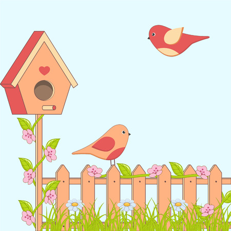 Cartoon family of birds with flowers and birdhouse. Vector illustration.のイラスト素材