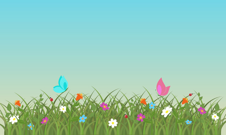 Spring background with flowers, grass and butterflies. Vector illustration.のイラスト素材