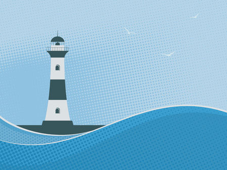 Seascape with lighthouse and waves. Marine vector illustration.のイラスト素材