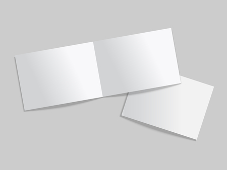 Mock up of two thin booklets with soft cover. Open and closed horizontal brochure, magazine or notebook template. Vector  illustration on white background.のイラスト素材