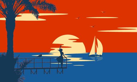 Sunset summer tropical beach with palm trees and sea. Nature landscape and seascape. のイラスト素材