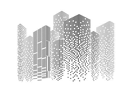 Silhouettes of city skyscrapers. Buildings with light windows vector illustration.のイラスト素材