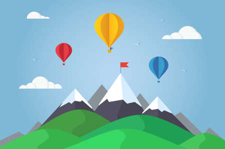 Hot air balloon flying in mountains. Paper art and origami style.のイラスト素材