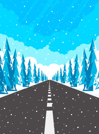 Winter road and falling snow. Rural winter landscape with trees and highway.のイラスト素材