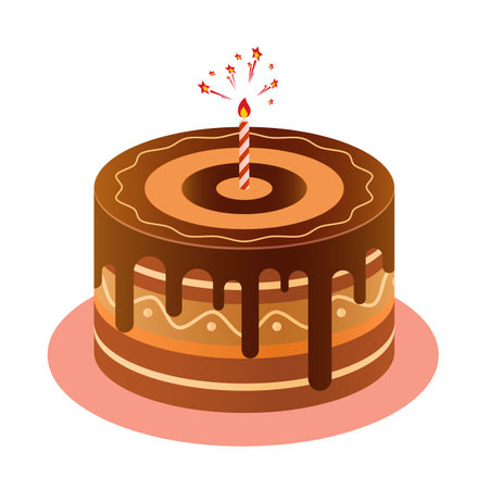 Birthday cake. Colorful delicious dessert with celebration candle. Holiday party decoration.のイラスト素材