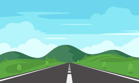 Road through fields and hills. Straight empty asphalt highway.のイラスト素材
