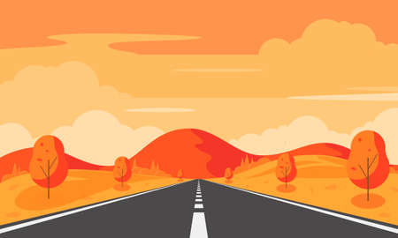 Road through fields and hills. Straight empty asphalt highway. Autumn landscape with yellow trees.のイラスト素材