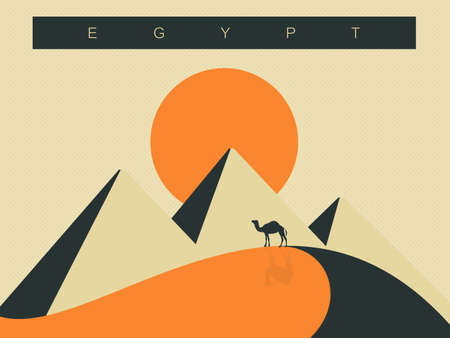 Egypt travel poster in retro style. Great pyramids of Giza in the desert.