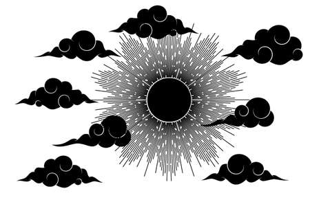 Sun and clouds. Graphic design element in oriental style.のイラスト素材