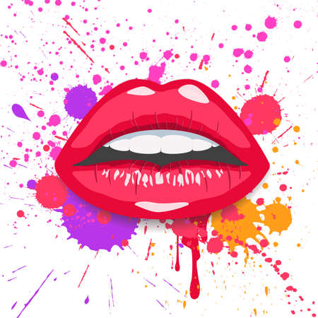 Red female lips. Lipstick drips. Lips in splash of paint.のイラスト素材