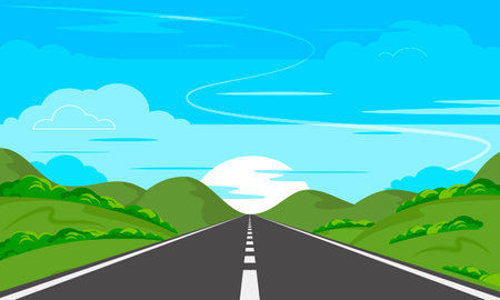 Road on background of natural landscape. Asphalt highway with markings in the countryside.のイラスト素材
