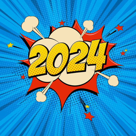 Happy new year 2024 comic greetings card with lightning blast. Cartoon Vector Illustration on blue.のイラスト素材