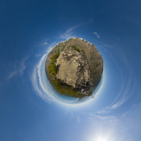 Little planet. Siberian mountains and the lake. The Holy nose Peninsula.の写真素材