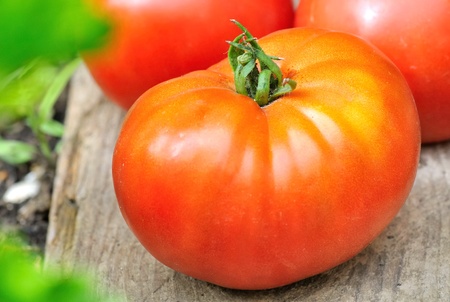 A nice meaty tomato put on a wooden plankの写真素材