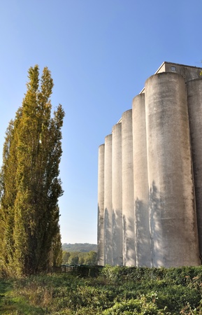 A large agricultural silo with cylindrical shapesの写真素材