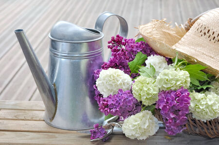 lilac flowers freshly picked in a basket on wooden terraceの写真素材