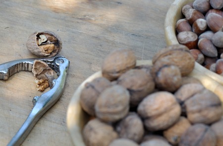 nutcracker and walnuts broken bowls filled with hazelnuts and walnutsの写真素材