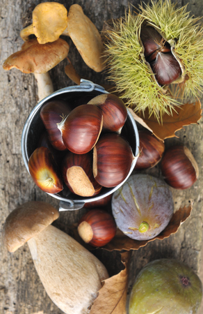 mushrooms, figs and chestnuts on a wooden plankの写真素材