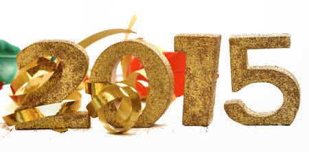 golden 2015 with ribbon in white backgroundの写真素材