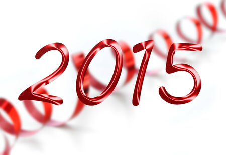 2015 in red with ribbon in the background isolated on whiteの写真素材