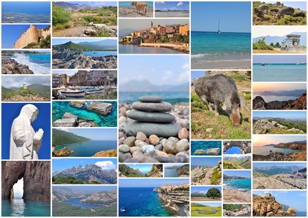 Mounting several pictures of Corsica with sea, mountain and symbolsの写真素材