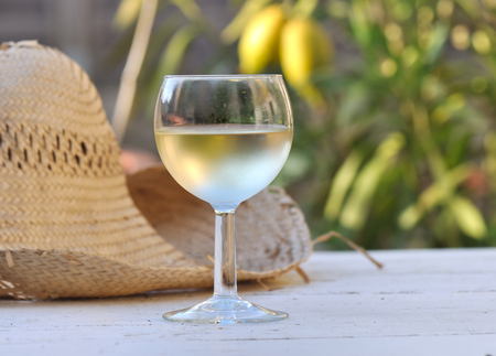 glass of wine chilled white wine on the table in a gardenの写真素材