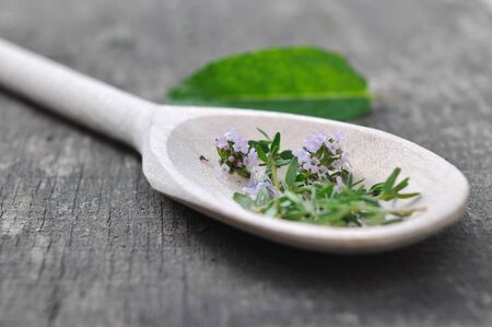 close on flowers thyme in a wooden spoon on a plankの写真素材