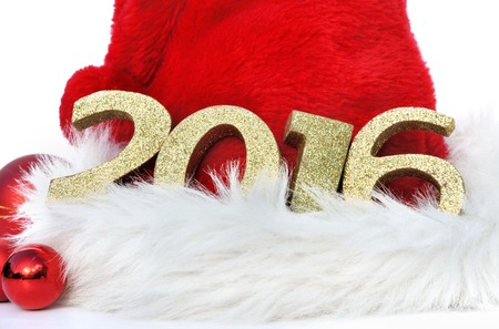 2016 golden figures on santa klaus hatの写真素材