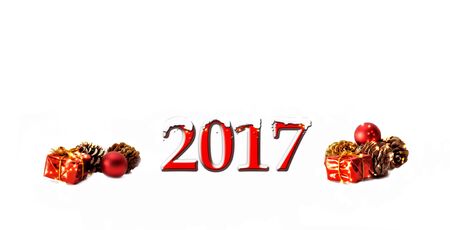 snow on red figures 2017 with christmas decoration on white backgroundの写真素材