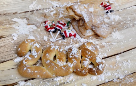 2018 in biscuit with ingredient and christmas decoration on  a plank
