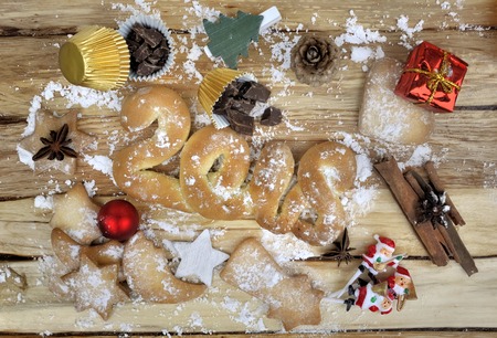 2018 in biscuit with ingredient and christmas decoration on  a plank