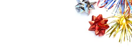 bright curling ribbon on white background in panoramic size