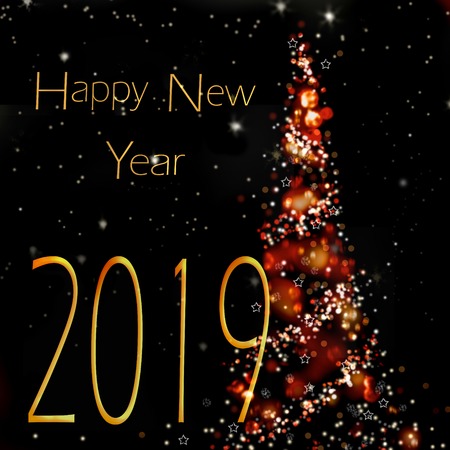 happy new year 2019 written on abstract christmas tree on black background