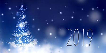 2019 new year and abstract christmas tree on blue background and snow effect