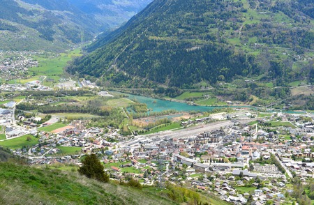 aerial view on alpine european city in a valley - Bourg-Saint-Mauriceの写真素材